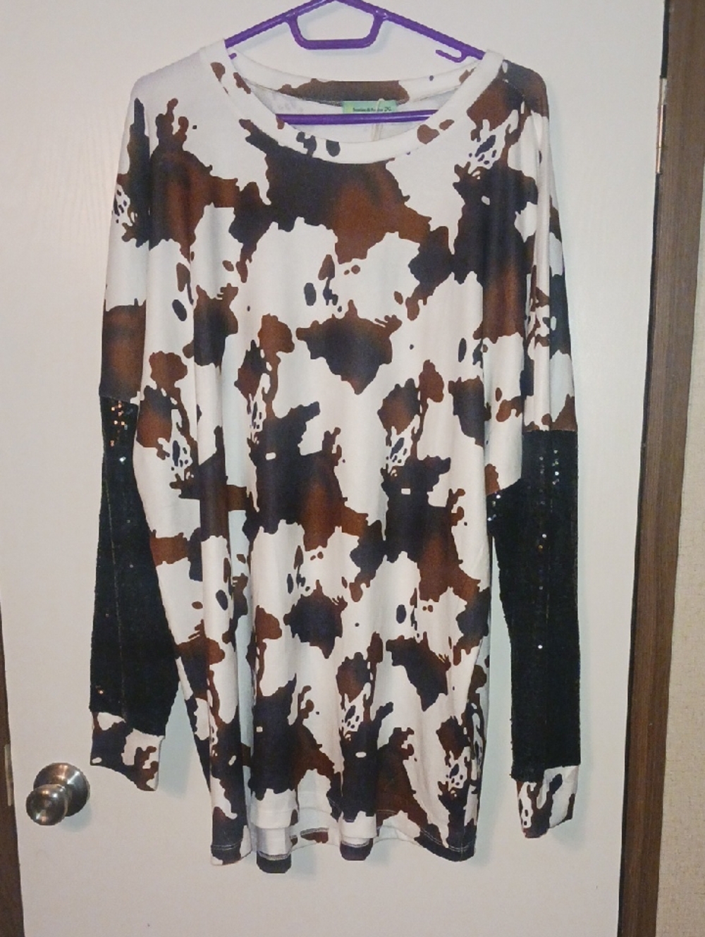 Women’s Cowprint Long Sleeve Blouse with Sequin Accents - Brown/Black